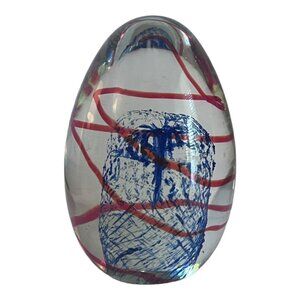 Vintage Art Glass Paperweight 3" Red Blue Ribbon Lattice Controlled Bubble